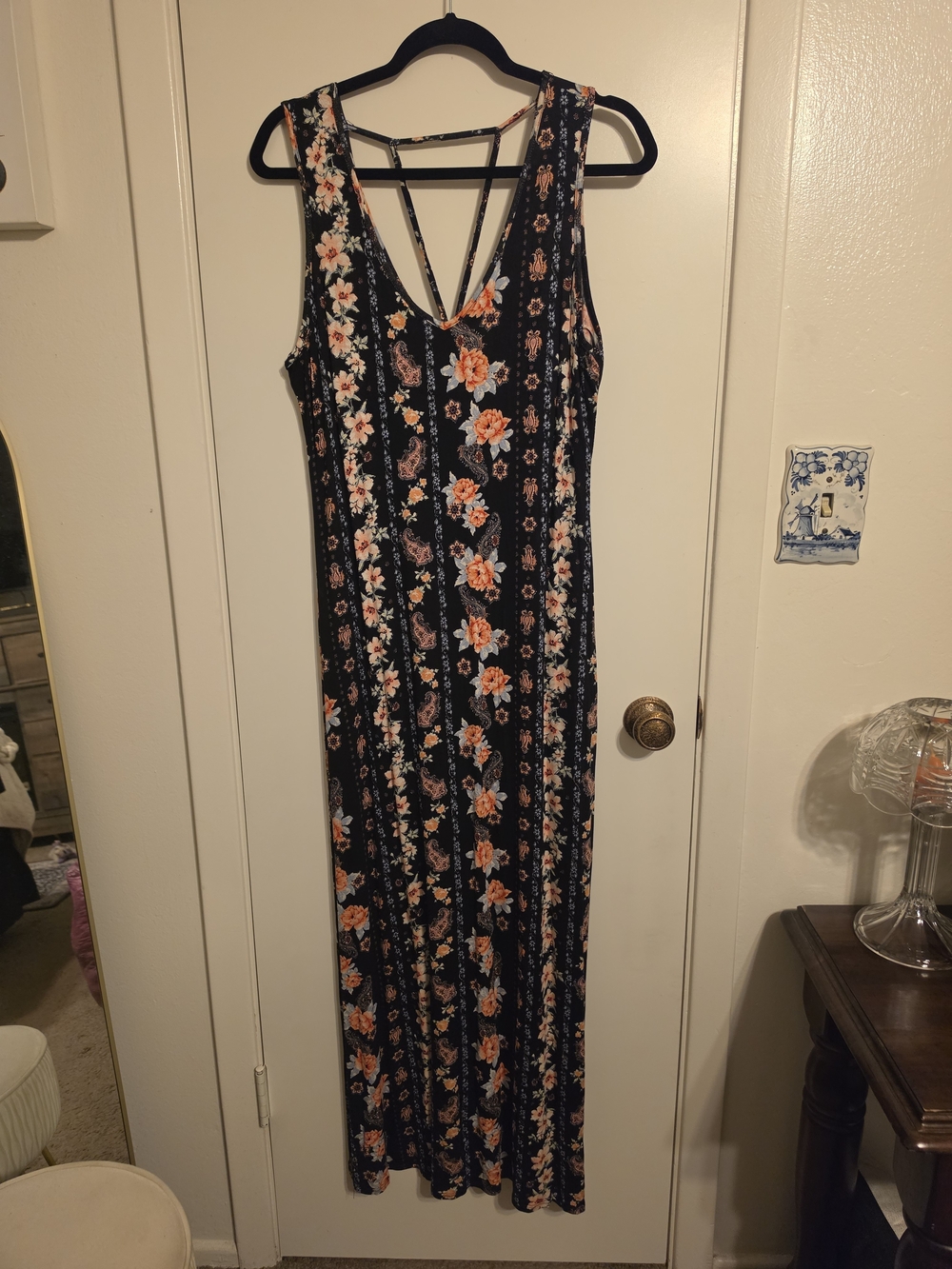 Pink Republic Black Maxi Dress with Peach Floral Stripes and Strappy Back
